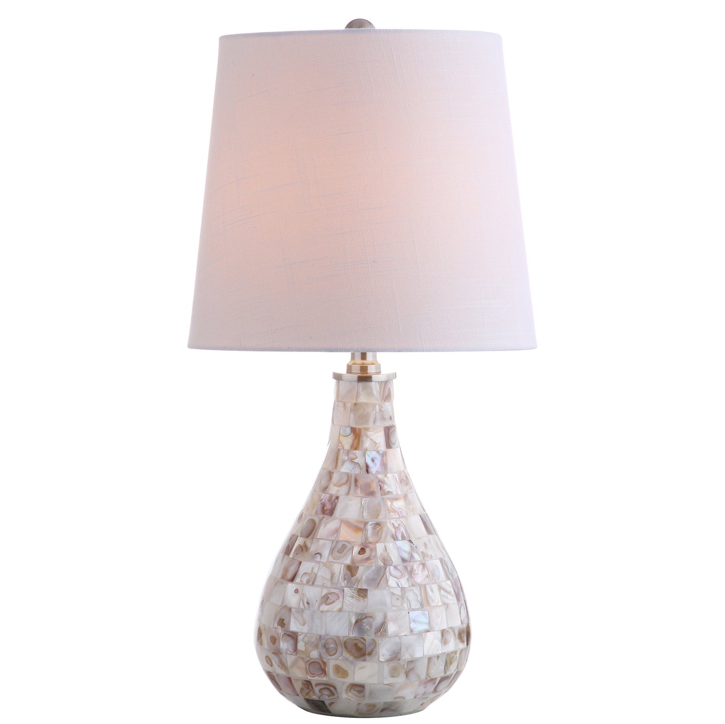 JONATHAN Y 20.5" Seashell Coastal Mini LED Table Lamp for Living Room Office, White Linen Drum Shade, Modern Mother of Pearl Bedside Nightstand Lamp, LED Bulb Included JYL1024A