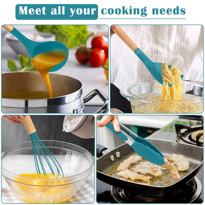 E-far Blue Silicone Cooking Utensils Set, 10-Piece Kitchen Utensils Set with Wooden Handle for Nonstick Cookware, Heat Resistant Kitchen Nonstick Tools Spatula Whisk Tongs Ladle, Non-toxic & Healthy