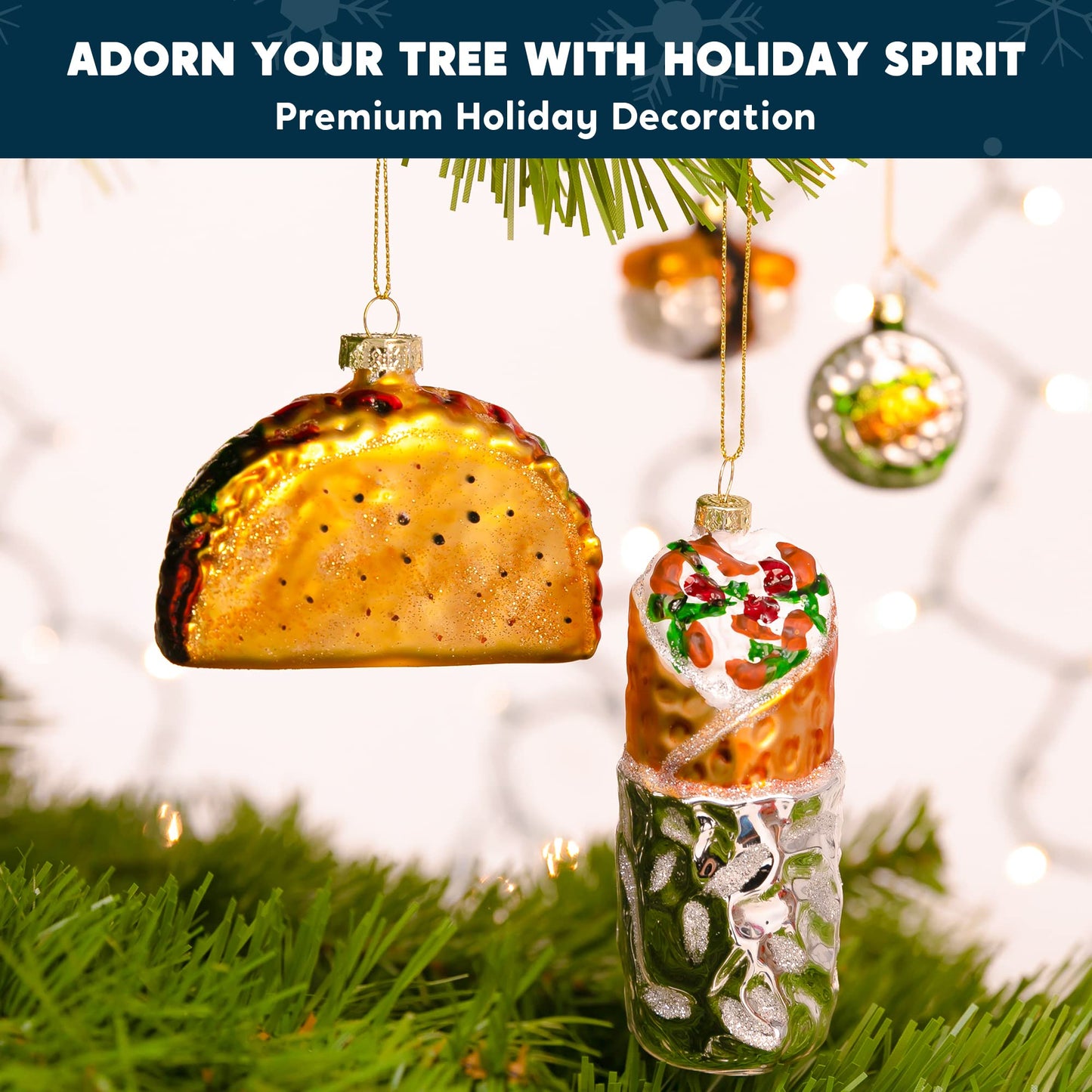 JOYIN Christmas Taco and Burrito Ornament, 2 pcs Glass Blown Set Handcrafted for Tree Hanging Ornament Outdoor Christmas Decorations Indoor