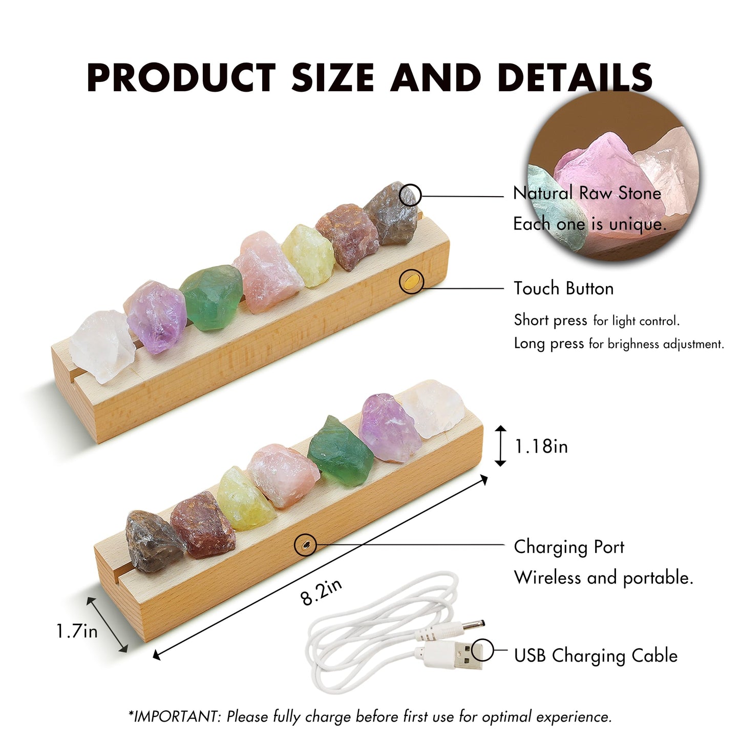 HYAMVOR Healing Crystal Night Light, 7 Chakra Natural Bedside Lamp with Wooden LED Light Base, Healing Stones Positive Energy Night Lights for Home Decor Gifts (Rechargeable)