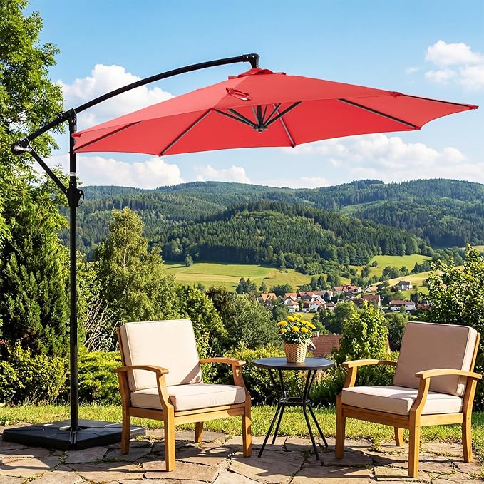 OLIXIS Offset Patio Umbrella, 9.7FT Cantilever Table Umbrellas for Outdoor Sun Shade UV Protection with Easy Tilt Adjustment, 8 Ribs for Backyard, Lawn, Garden, Pool - Red