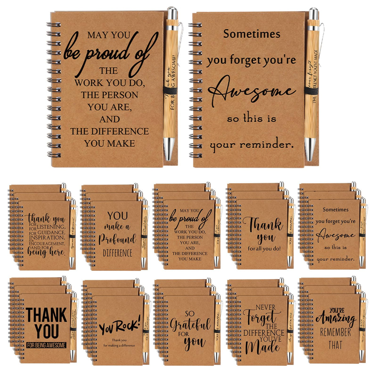 Honoson Spiral Notebooks Sets Teacher Appreciation Gifts Bulk Inspirational Journals with Retractable Bamboo Pens Encouragement Notepad Thank You Gifts for Staff Employee Coworker(30 Sets)