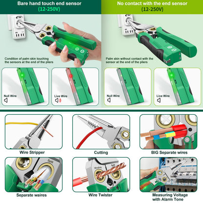 GADO Pro 8-in-1 Wire Stripper/Cutter with Voltage Tester & Dual Alarms - Heavy Duty 12-250V AC/DC Electrical Tester for Hot/Neutral Wires - Electrician, HVAC, Car Repair Tool (Green)