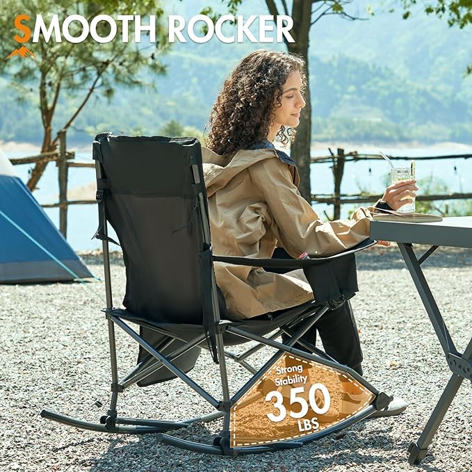 Portal Outdoor Rocking Chair Camping Folding Portable Rocker with Cup Holder Side Pocket Carry Bag, Support 350LBS (Black)