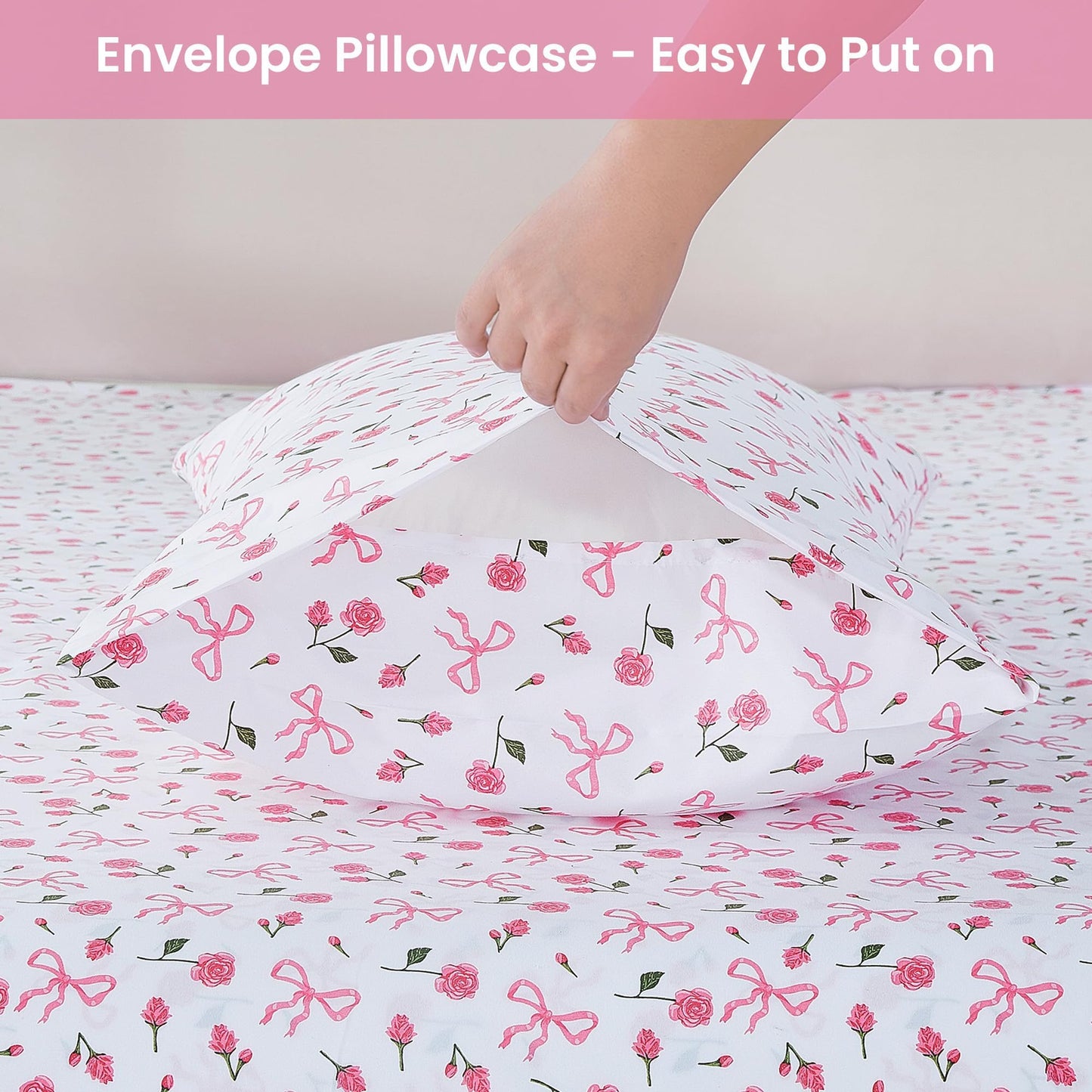 Softan Pink Floral King Bed Sheets, Cozy Microfiber Flower Printed Sheets with 15" Deep Pocket Fitted Sheet & Non-Slip Straps, Patterned Pink Rose - Bow Sheets & Pillowcase Set