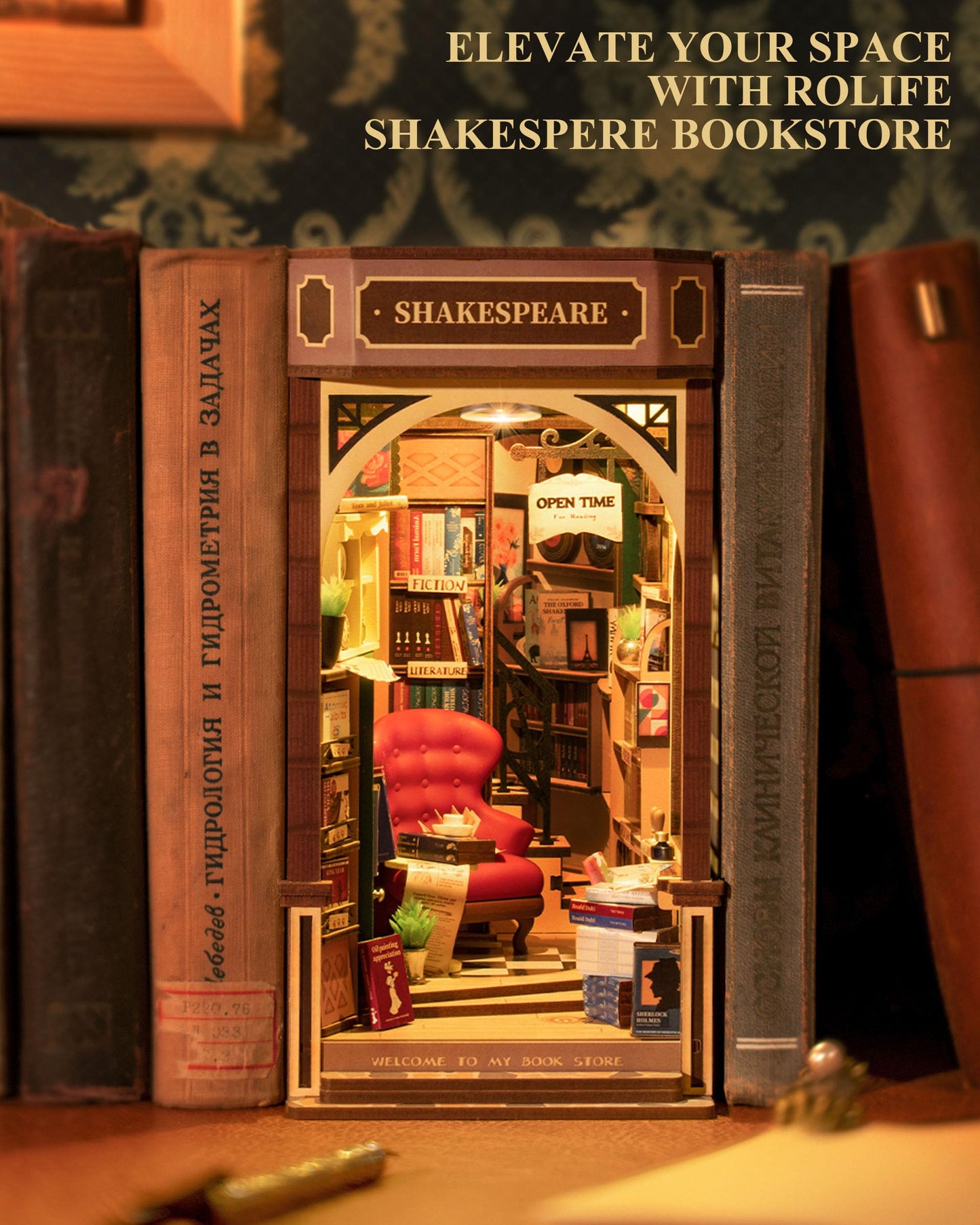 Rolife Book Nook Kits for Adults Shakespeare Bookstore DIY Miniature Kit with LED Light for Desk Library Bookshelf Decoration 3D Wooden Puzzle Booknook Model Kits for Adults to Build (TGB07)
