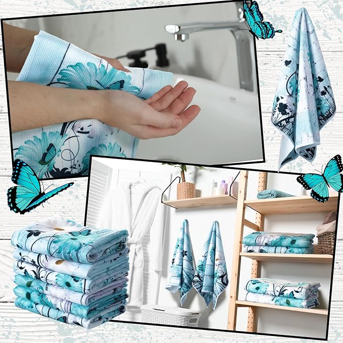Breling Set of 6 Teal Daisy Kitchen Towel Vintage Themed Dish Towel Turquoise