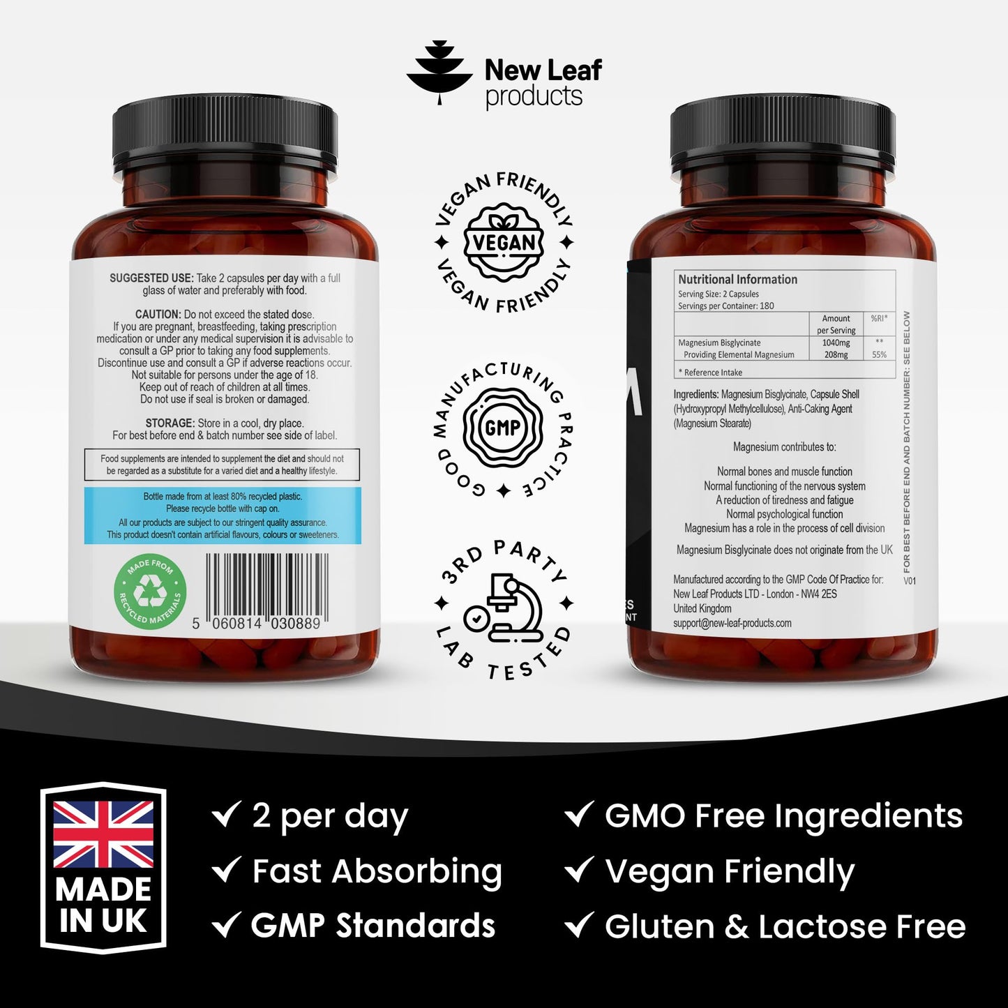 Magnesium Glycinate - 360 High Strength Capsules Pure Magnesium - 1040mg of Magnesium Providing 208mg Elemental Magnesium Per Serving -Magnesium Supplements – Bones, Muscle Health, Vegan, UK Made