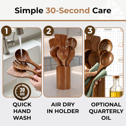 Wooden Utensil Set 8 Pcs – Sturdy & Easy to Clean, Natural Teak Wooden Spoons for Cooking – Non-Scratch Cooking Utensils with Spatula, Turner, Ladle, Spoons, Skimmer, Holder, Spoon Rest & 6 Hooks