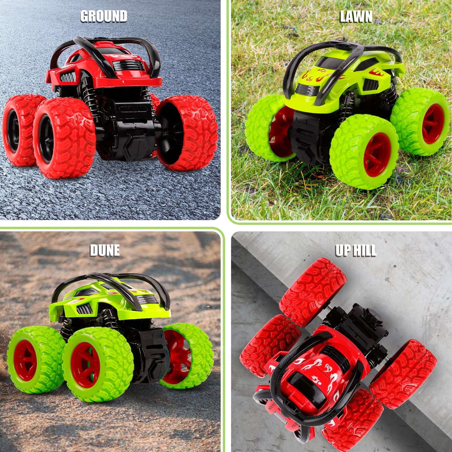 m zimoon Monster Trucks, Pull Back Car Toys 360° Rotation Off-road Friction Powered Vehicle Toy for 3-10 Year Old Boys Girls Kids Birthday Xmas Gift (2 Pack, Green Red)