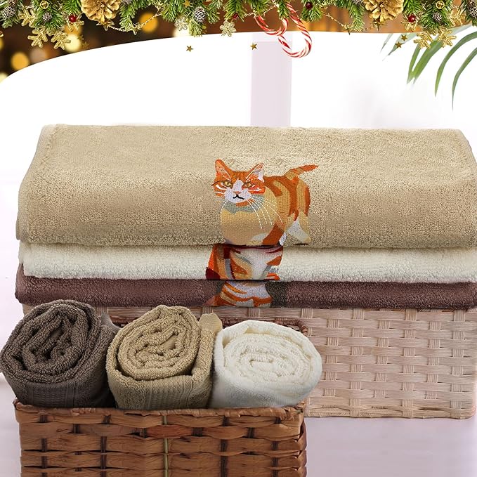 3 Pcs Orange Cat Hand Towels Bathroom Sets Decor Cute Orange Cat Lover Gifts