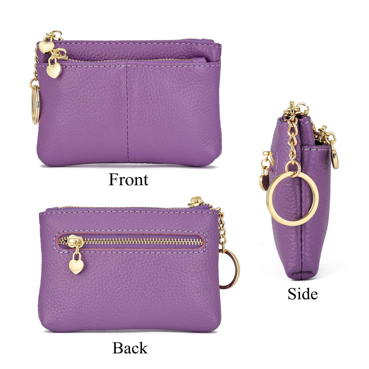 ZOOEASS Coin Purse Women Genuine Leather Zip Mini Purse With Key Ring Triple Zipper Card Holder Wallet(Lavender)