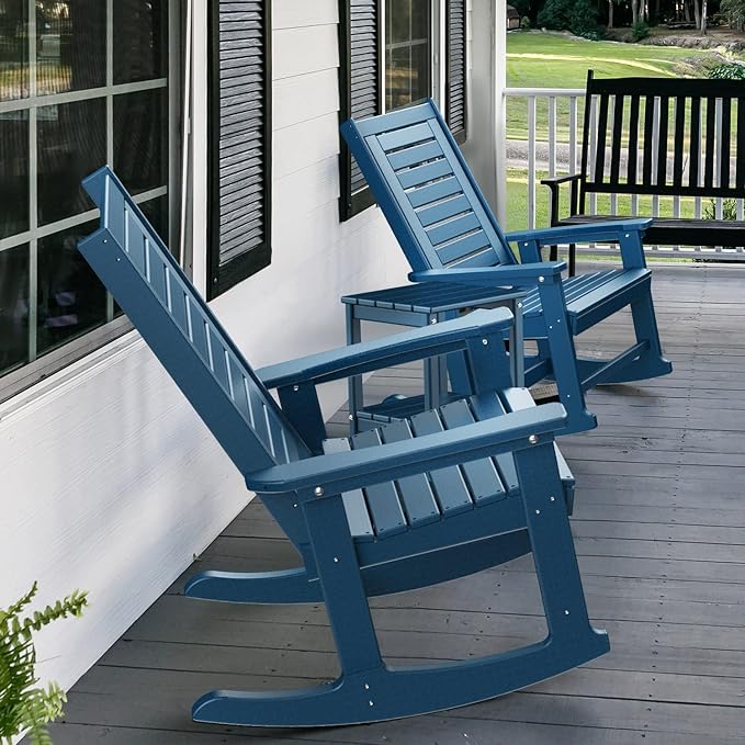 GREENVINES Outdoor Rocking Chairs | Porch Rocker | HDPE Plastic | Blue | Oversized Rockers | High Back | Big & Tall | Ladder Back | for Patio Outside Backyard Balcony Garden