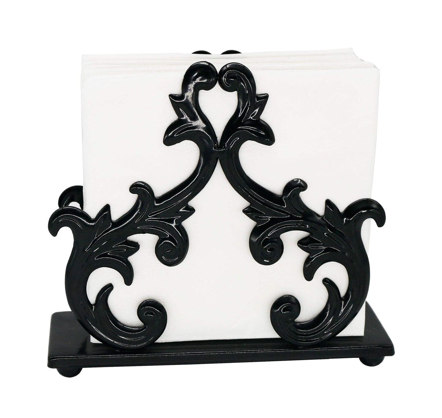 Owlgift Baroque Black Napkin Holder – Decorative Metal Tissue Rack for Tabletop, Mail, or Bill Organizer – 6 x 2 x 5.3 Inches, Glossy Finish for Home or Restaurant Use