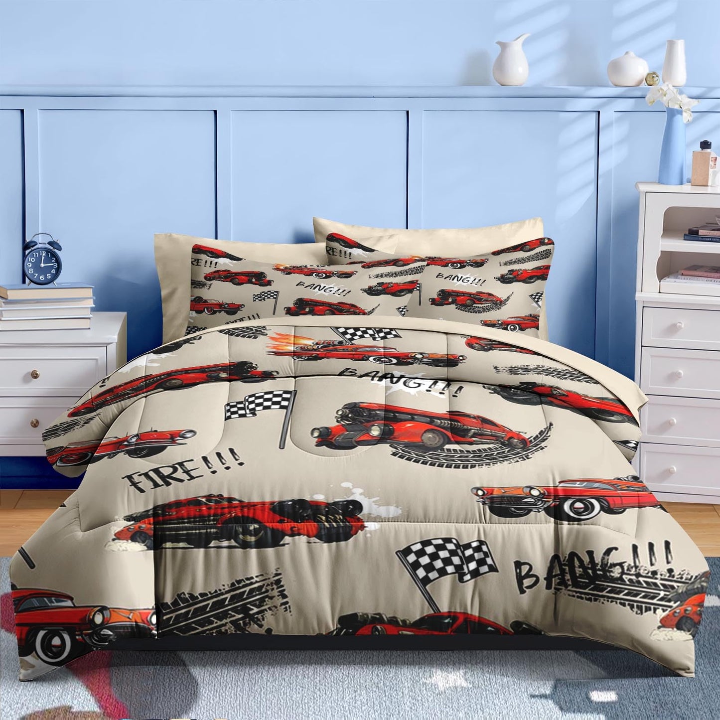 Nesker 5 Pcs Car Comforter Set Twin Size, Rad Race Car Boys Bedding Brown Black Bed in a Bag for Kids and Adults, Retro Cool Truck Bed Sheet Sets with Fitted Sheet Pillowcases & Shams