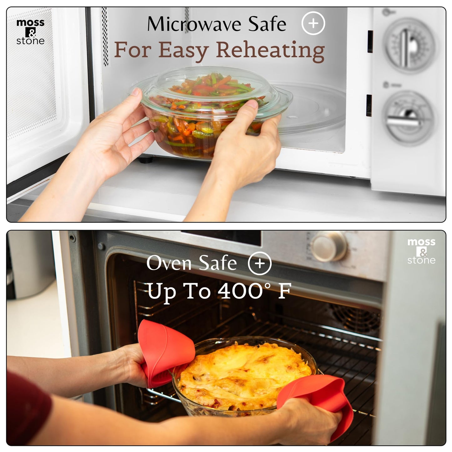 Moss & Stone 6-Piece Clear Glass Casserole Dishes for Oven With Lids, Durable Tempered Borosilicate Glass Bakeware Set, Microwave Safe, 3 Round Sizes for Cooking, Serving & Storage