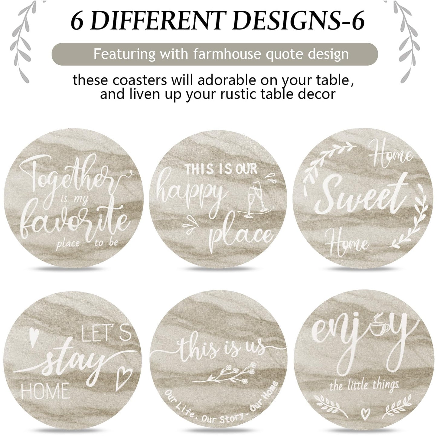 Queekay Coasters Set of 6 House Warming Gifts New Home Wooden Farmhouse Drink Coasters with Holder 4'' Funny Decoration for Kitchen Family Coffee Bar Tabletop Protection(Brown Marble)