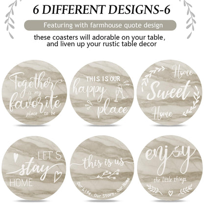 Queekay Coasters Set of 6 House Warming Gifts New Home Wooden Farmhouse Drink Coasters with Holder 4'' Funny Decoration for Kitchen Family Coffee Bar Tabletop Protection(Brown Marble)