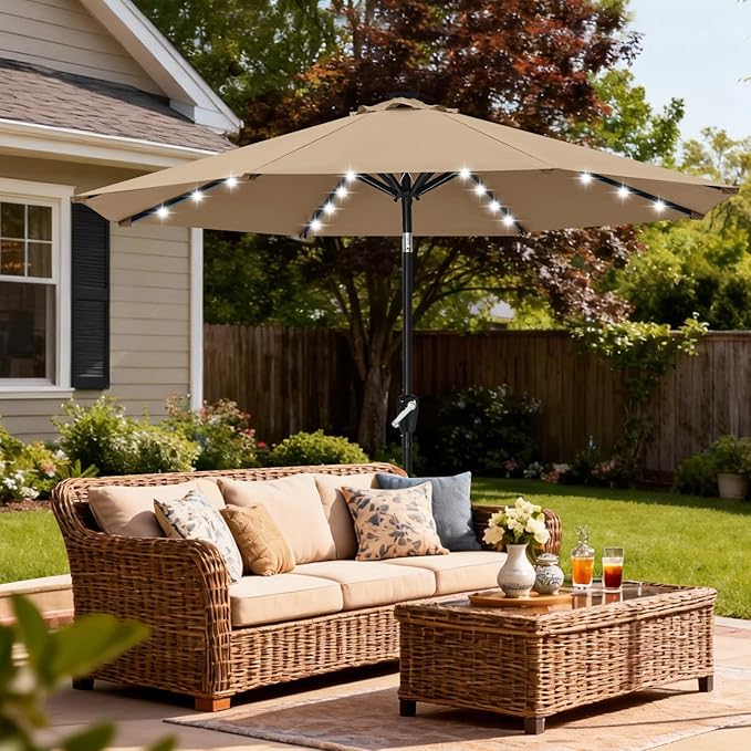 ABCCANOPY Durable Solar Led Patio Umbrellas with 32LED Lights 9FT (Tan)