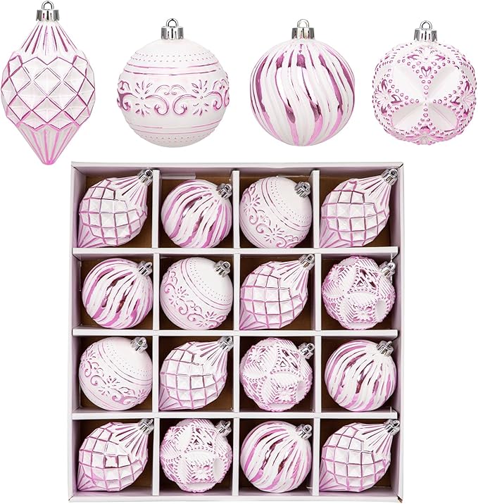 16PCS Shatterproof Christmas Ball Ornaments Set, Hand-Painted Holiday Decor with Assorted Sizes & Designs for Christmas Tree Thanksgiving Party Decoration, Pink-White
