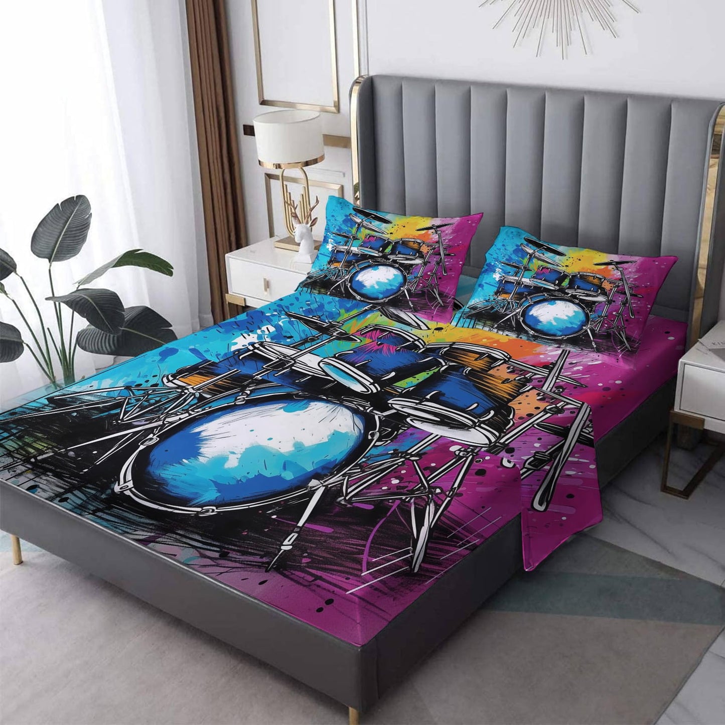 Drum Kit Sheets King Size - Colorful Graffiti Bed Sheets, Soft Microfiber & Deep Pocket & Wrinkle Free Patterned Bedding Sheets & Pillowcases, 4 Piece ( 1 Fitted Sheet, 1 Flat Sheet, 2 Pillow Cases )