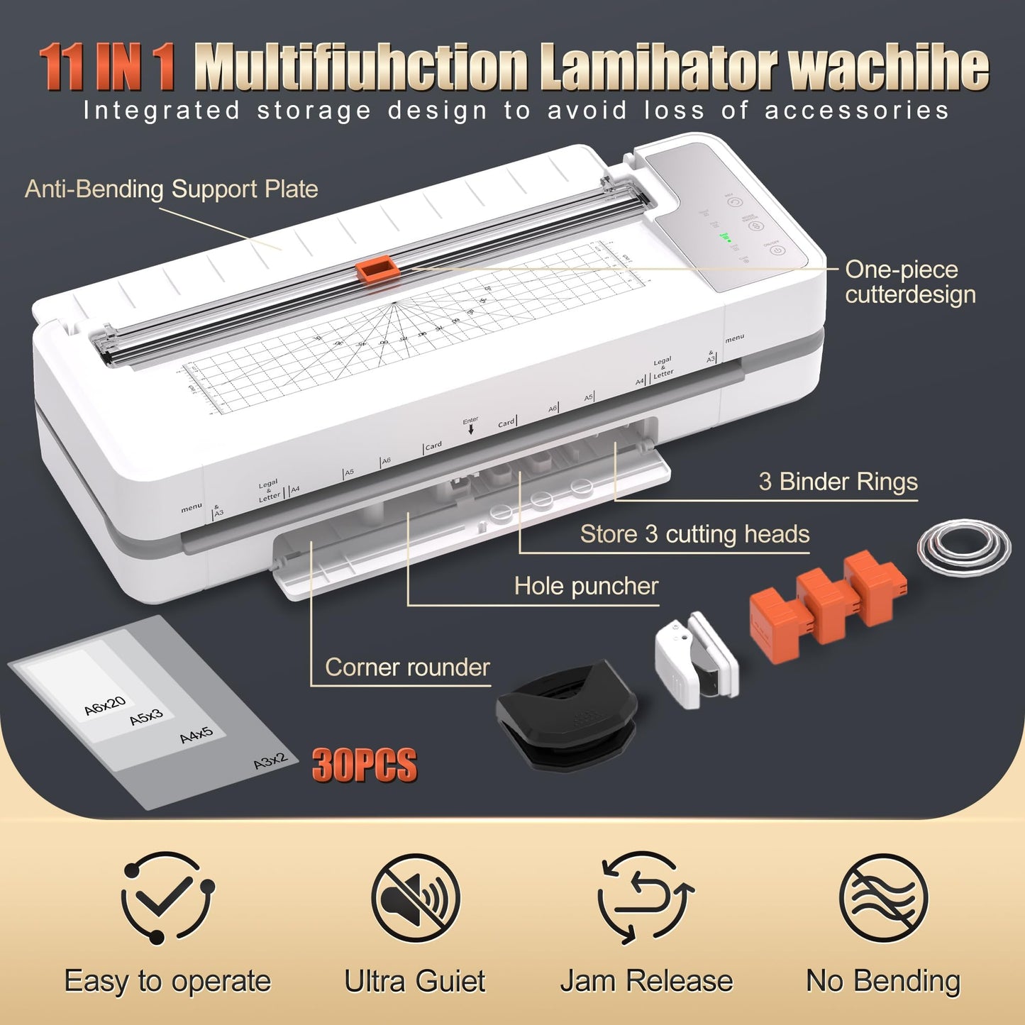 13" Heavy-Duty 4-Roller Laminator Machine, Fast 55s Warm-Up, 3-10 Mil A3/11x17 Laminating Machine, 1000mm/min Speed, Auto-Reverse Jam Prevention, Includes 30-Sheets for Office & School(White)