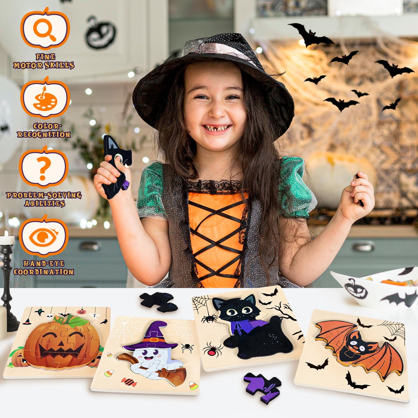 Malhaii 4Pack Halloween Wooden Puzzles for Toddlers - Educational Learning Toys, Jigsaw Puzzle for Party Favors, Supplies, Kids, Boys, Girls - Treat Goodie Bags Fillers Gifts