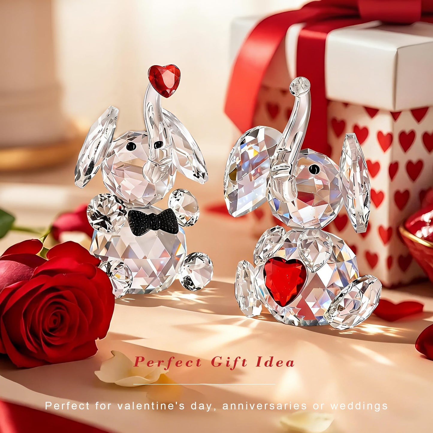 HDCRYSTALGIFTS Set 2 Crystal Elephant Figurines Gift for Women 3.5'' Miniature Glass Animals Collectible Valentine's Day Wedding Anniversary Tabletop Decoration