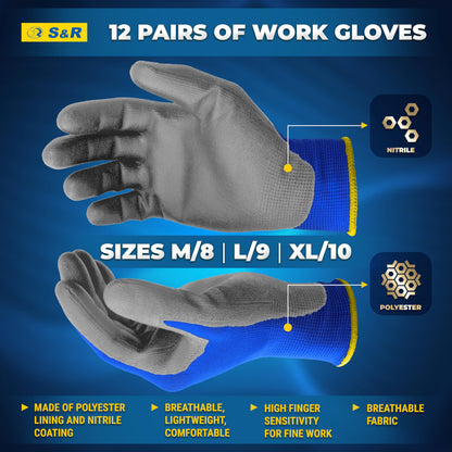 S&R Protective Gloves 12 Pairs with Nitrile Coating in XL/10, Non-Slip Work Gloves for Assembly, Building, Restoration