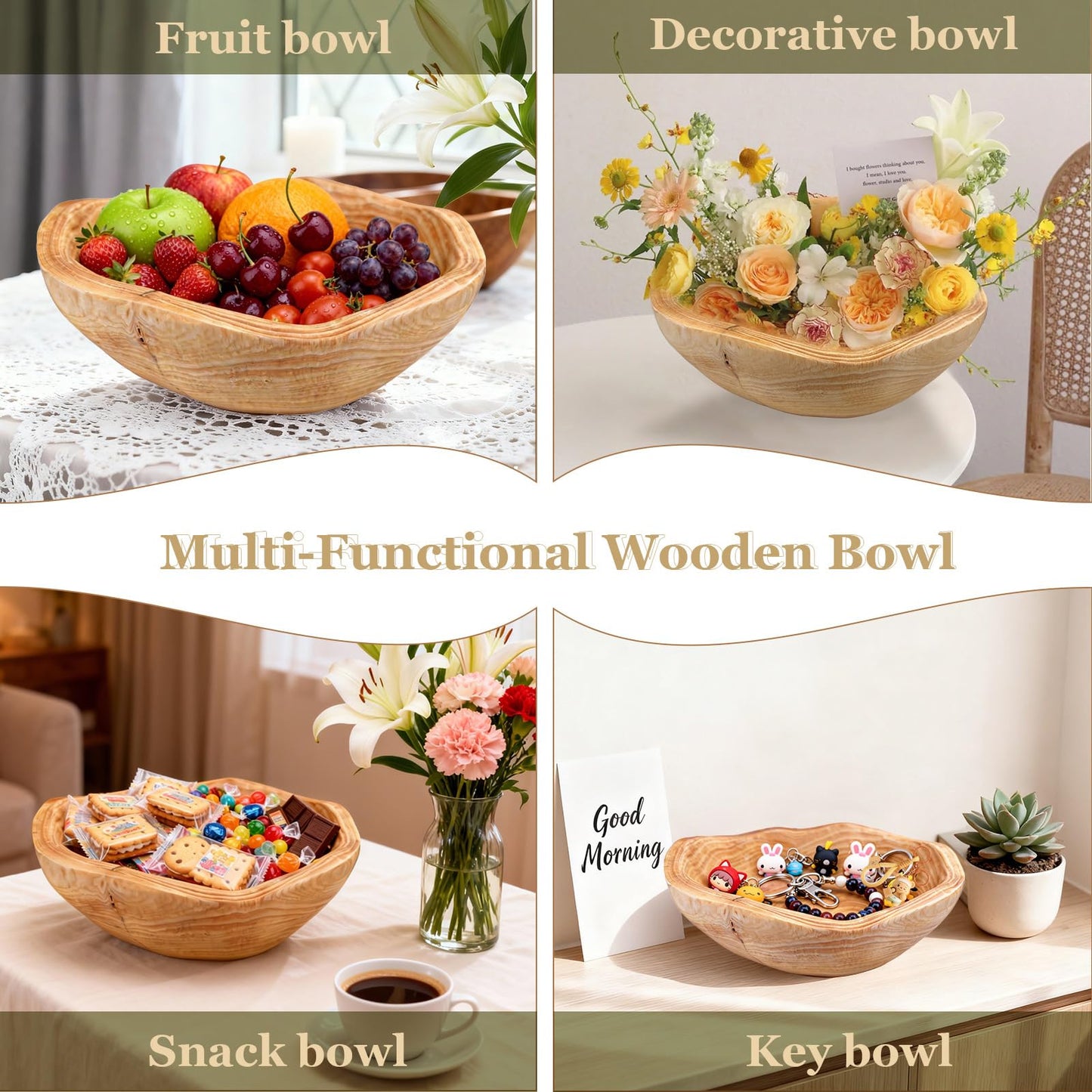 Fakindiy Handmade Wood Kitchen Fruit Bowl 10-12in - Irregular Wooden Decorative Bowl for Kitchen Counter, Wooden Serving Bowl for Salads Snacks Keys and Home Decor