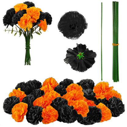 Waydress 20 Pieces Artificial Marigold Bunch Fake Bunch Halloween Artificial Marigold Flowers with Stem for Birthday Party Diwali Halloween Party Decoration(Black, Orange)