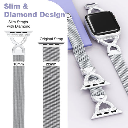 Slim Milanese Loop Compatible with Apple Watch Straps 38mm 40mm 41mm 42mm 44mm 45mm 46mm Series 11 10 9 8 7 6 5 4 SE 3 2 1 Womens,Thin Magnetic Metal band with X-Shape Diamond Clasp for iWatch Straps