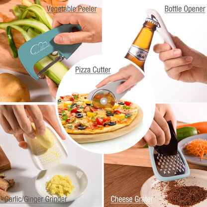 Kitchen Gadgets Set 13 Piece, Space Saving Cooking Tools Includes Cheese Grater, Pizza Cutter, Peeler, Bottle Opener, Garlic Grinder, Collapsible Measuring Cups Spoons for Small Kitchen RV Camp