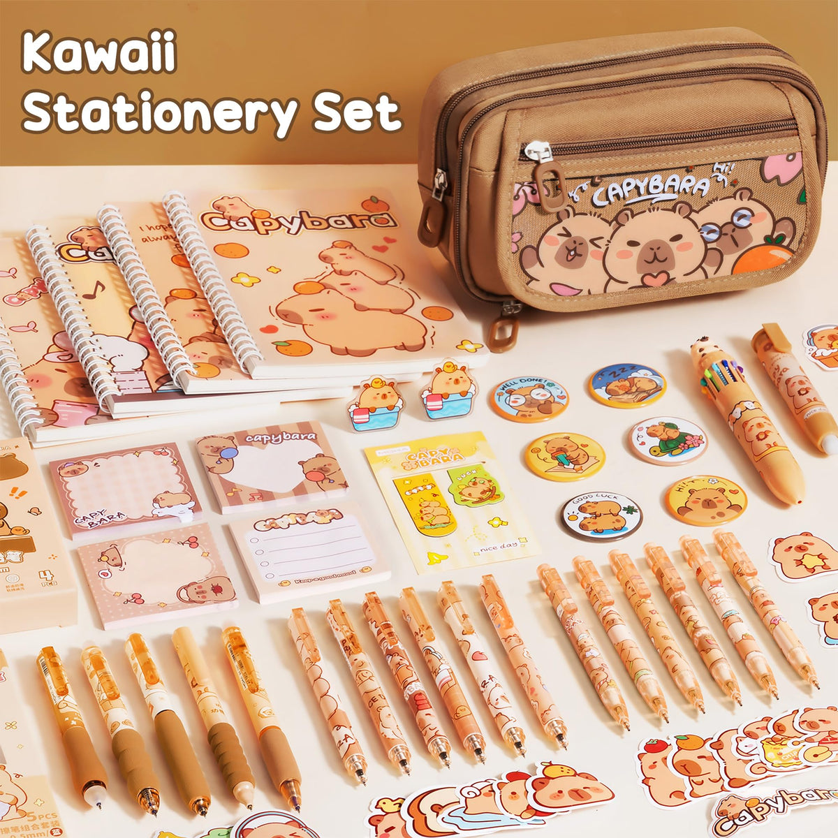 Kid School Supplies for Girl Age 5 6 7 8-12 13 14 Year Old, 36PCS Kawaii Tween Teen Girl Birthday Easter Gift Cute Capybara Stationery Set w/Pencil Case Gel Pen Pencil Sticker Notebook Sticky Note
