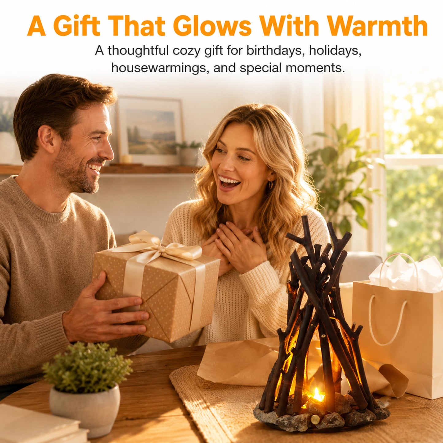 Lubocrat Rustic Farmhouse Campfire Table Lamp, Flame Crackling Night Light