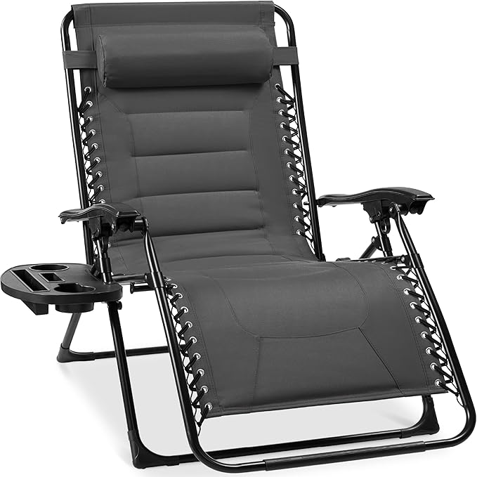 Best Choice Products Oversized Padded Zero Gravity Chair, Folding Outdoor Patio Recliner, XL Anti Gravity Lounger for Backyard w/Headrest, Cup Holder, Side Tray, Polyester Mesh - Gray