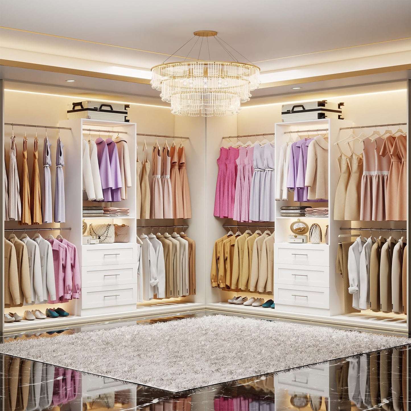 Closet System with 6 Drawers, 4FT-15FT 2-Piece Closet System, Walk in Closet System Organizer, Modular Closet System with 10 Adjustable Hanging Rods & Shelves, Closet Storage System for Bedroom, White