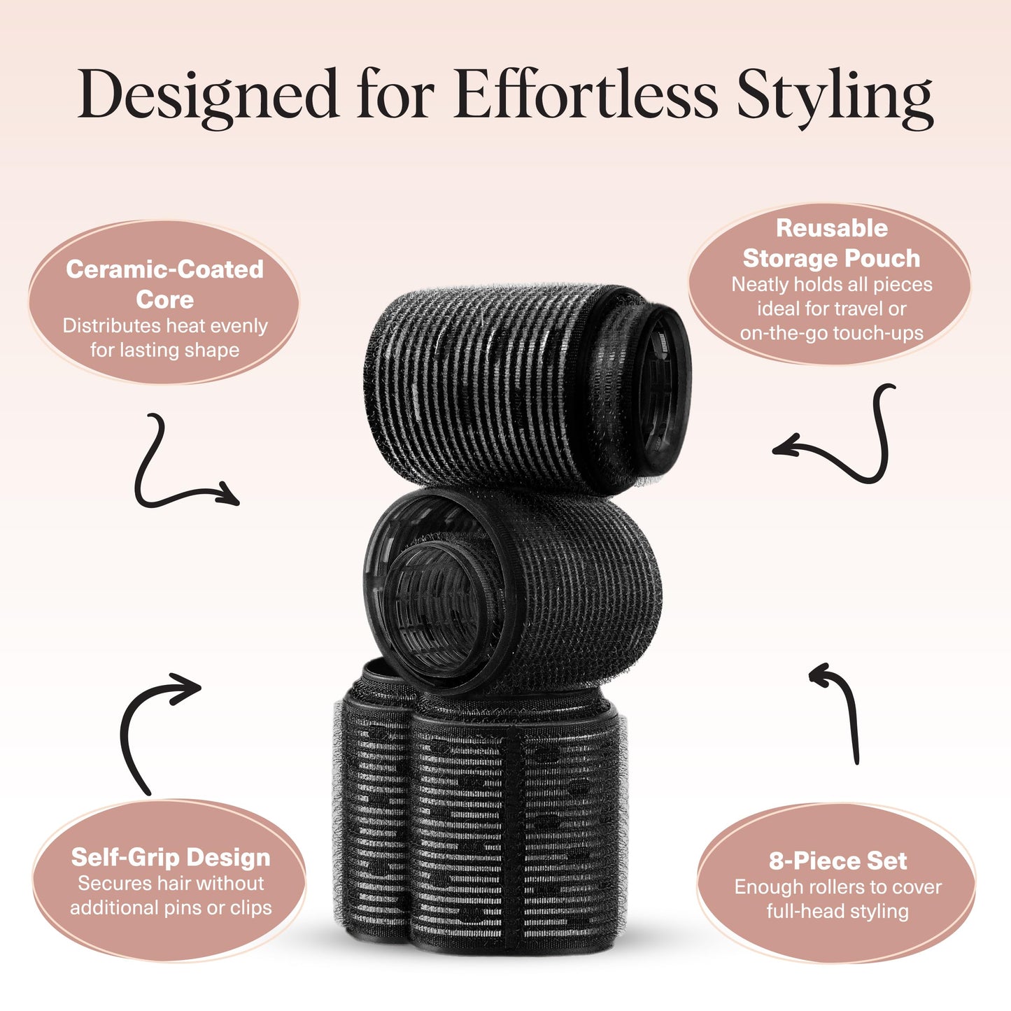 Kitsch Ceramic Thermal Hair Rollers Set 8pcs - Hair Curlers Rollers for Perfect Curls, Hot Rollers kit for long hair, Hair rollers for long hair, Hair Curler & Hair Roller, Ceramic Coated Core, Black
