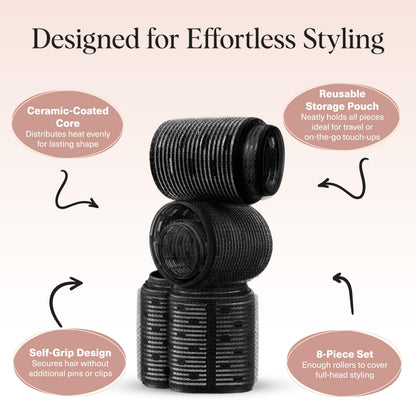 Kitsch Ceramic Thermal Hair Rollers Set 8pcs - Hair Curlers Rollers for Perfect Curls, Hot Rollers kit for long hair, Hair rollers for long hair, Hair Curler & Hair Roller, Ceramic Coated Core, Black