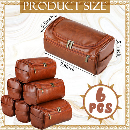 Aliceset 6 Pcs Groomsmen Gift Groomsmen Toiletry Bags Set of 6 Leather Toiletry Bag for Men with Hook Leather Wedding Proposal Bag with Side Handle Father Gift(Brown)