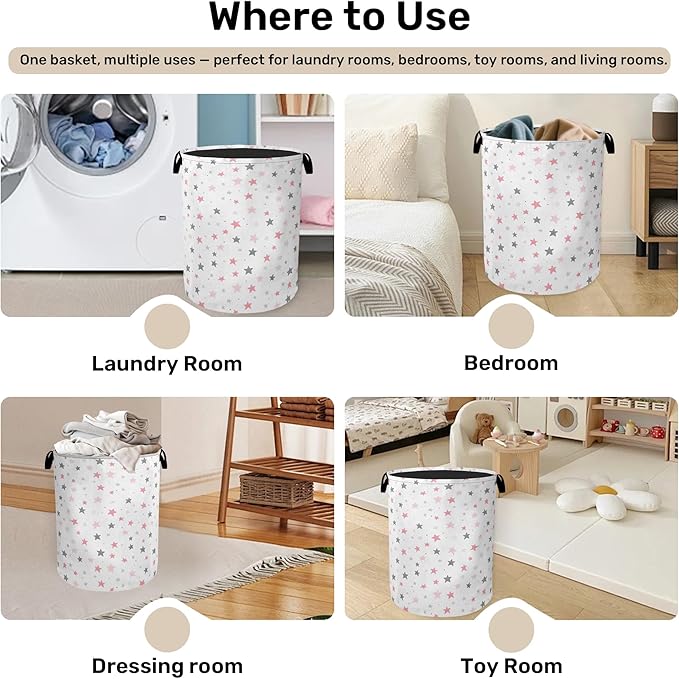 Cute Pink Stars Foldable Canvas Laundry Basket