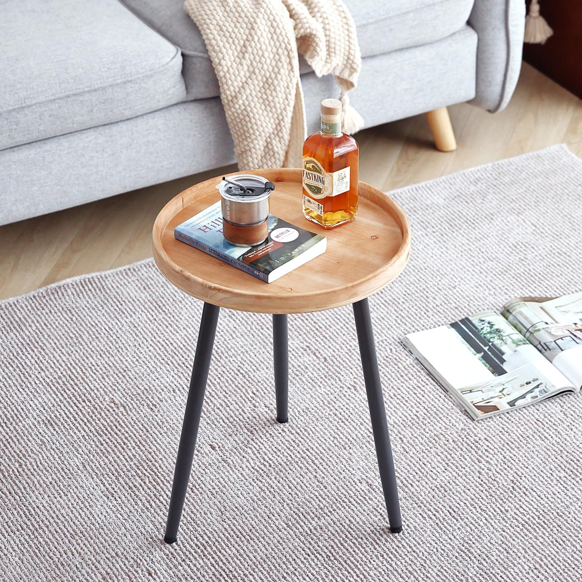 LITA Log Desktop Round Side End Table, Indoor Outdoor Wooden Tray Nightstand Table with Metal Stand for Living Room Bedroom Office Small Spaces (M)