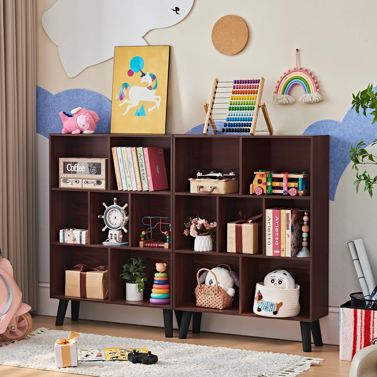 LEYAOYAO 7 Cube Bookshelf 3-Tier Bookcase with Legs, Mint-Walnut Kids Book Shelf Cute Storage Organizer, Toy Shelves Bookshelves,Wood Display Bookcases