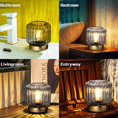 MJ PREMIER Battery Operated Lamp with Timer Cordless Lamps for Home Decor Battery Powered Nightlight with LED Bulb Decorative Glass Beside Lamp for Valentine's Gift Bathroom Bedroom Living Room Grey