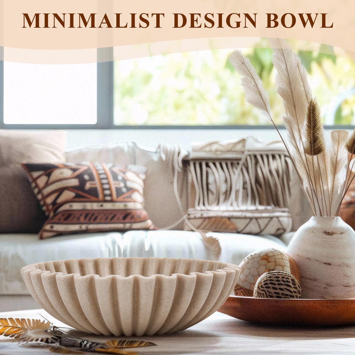 YMXYJM Large Decorative Bowl, Modern Handicraft Bowls for Home Decor, Fruit Bowl for Kitchen Counter, Ruffle Decor, Stylish Key Bowl for Entry Table, Artificial Stone Beige