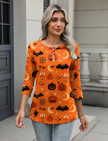 Zeagoo Orange 3/4 Sleeve Halloween Shirts for Women Crew Neck Dressy Casual Tunic Tops Fall Button Up Blouses 2025