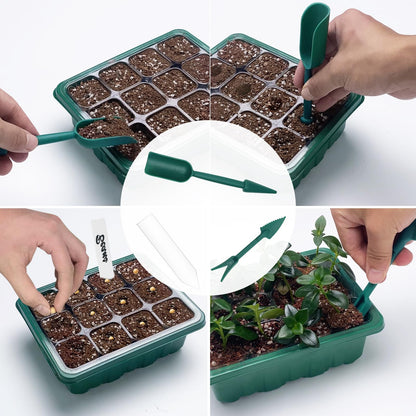 Qoolife Seed Starter Tray with Plant Light, 2 Pack Grow Lights for Seed Starting Kit with Humidity Domes, Timing Controller Adjustable Brightness for Greenhouse Propagator Station Planting Growing
