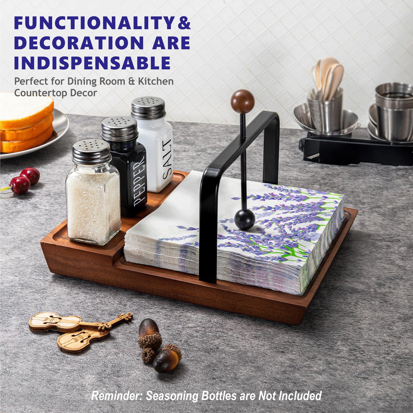 Wooden Napkin Holder – Multifunctional Napkin Holder for Table & Kitchen, Includes Space for Condiments – Perfect for Home, Kitchen, and Holiday Gatherings