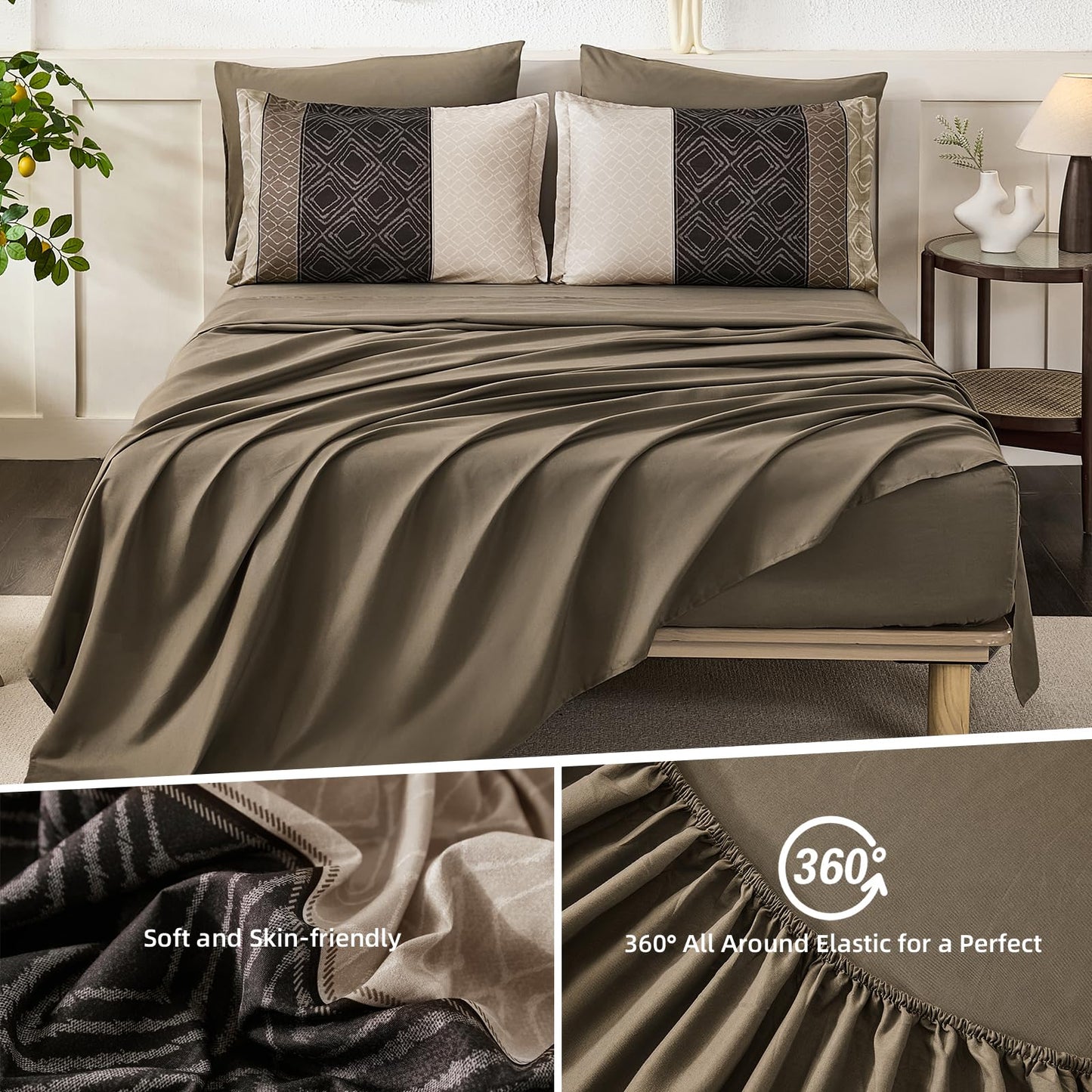 Dinjoy Boho Queen Comforter Set Light Brown,7 Piece Bed in a Bag Queen Size Lightweight Striped Bedding Sets with Plaid Comforters Bed Set with Sheets for Family All Season