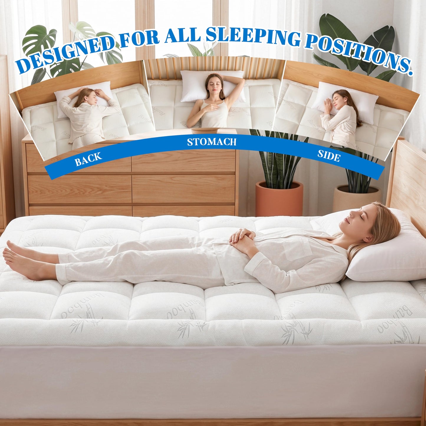 Ubauba 100% Waterproof Queen Size Mattress Topper, Viscose Made from Bamboo Pillow Top Mattress Protector for Back Pain Relief, Breathable Cooling Mattress Pad for Hot Sleeper, 8-21 Inch Deep Pocket
